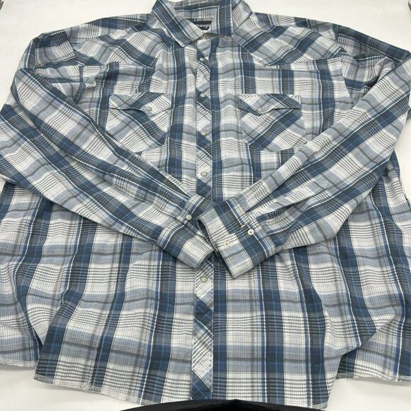 Wrangler Western Button Down Shirt Mens 3X Blue White Plaid Long Sleeve - Picture 1 of 4